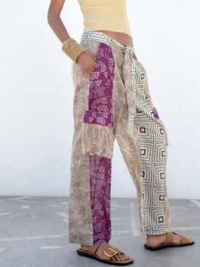 ZARA Patchwork Paisley Peasant Pants Light Sheer Cotton Hippie Size Medium